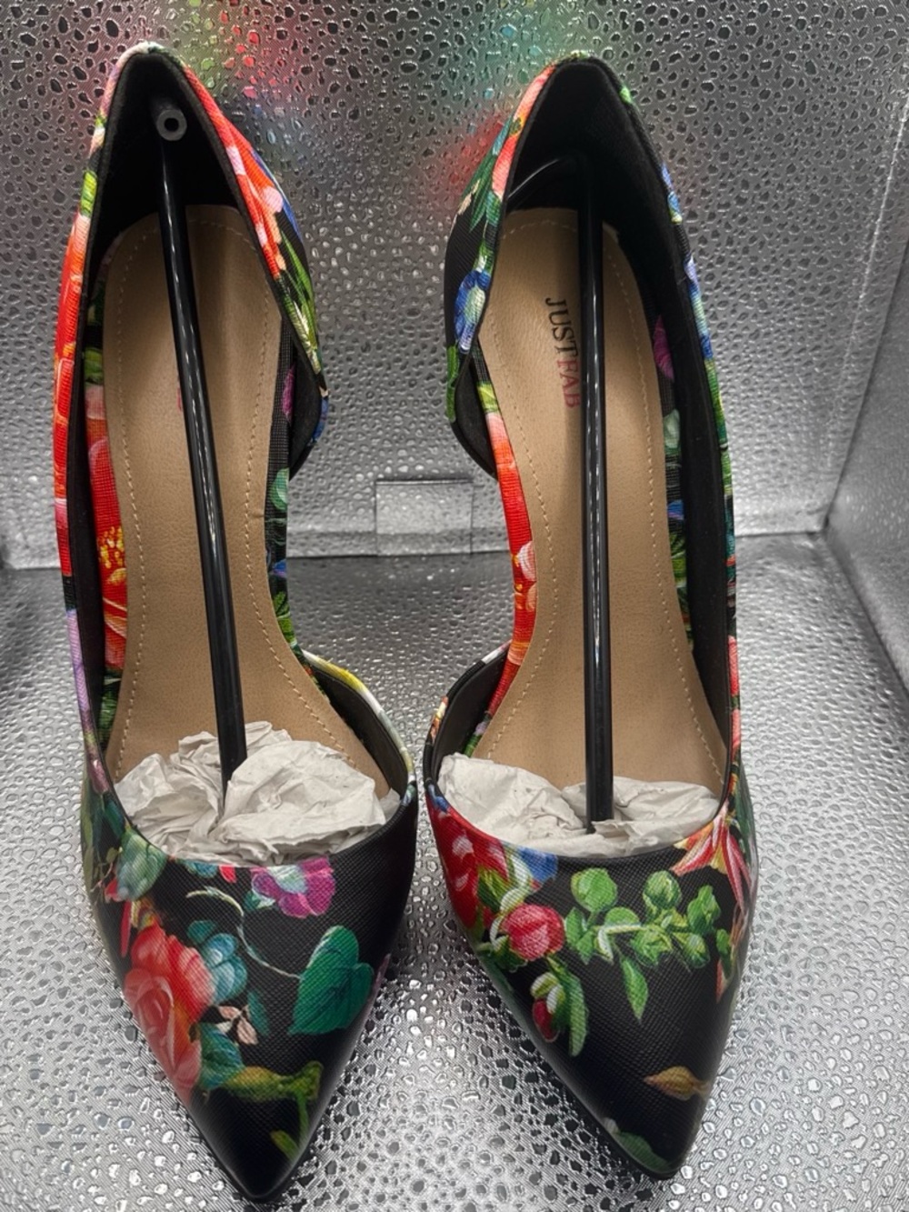 JustFab Black Floral Pointed-Toe Pumps